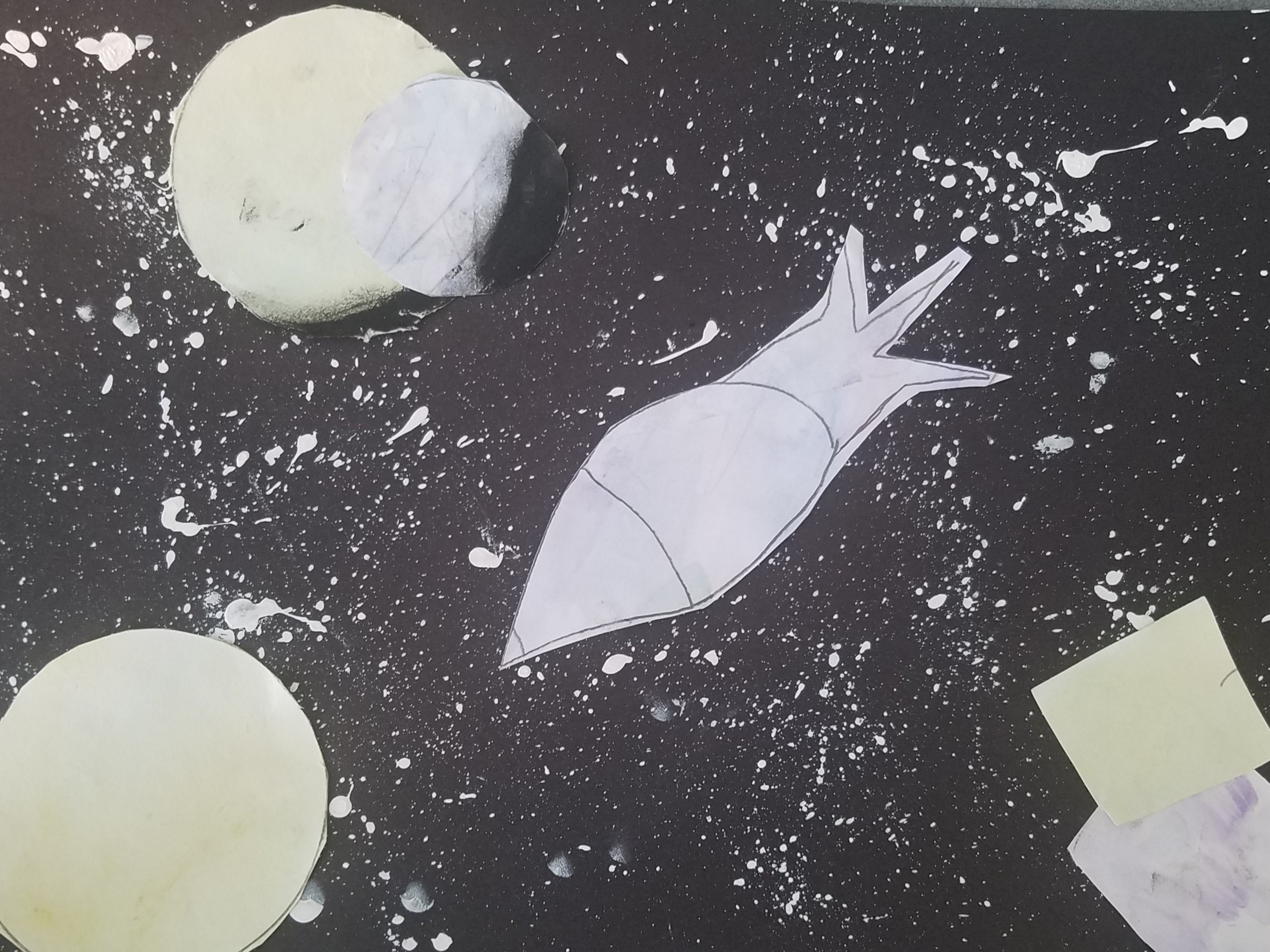 Pale colored planets and a space ship against a black background speckled with paint.